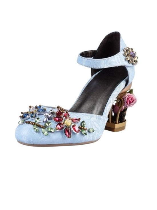 Hand Crafted Shoes - Handmade Blue Brocade Crystal Cage Shoes